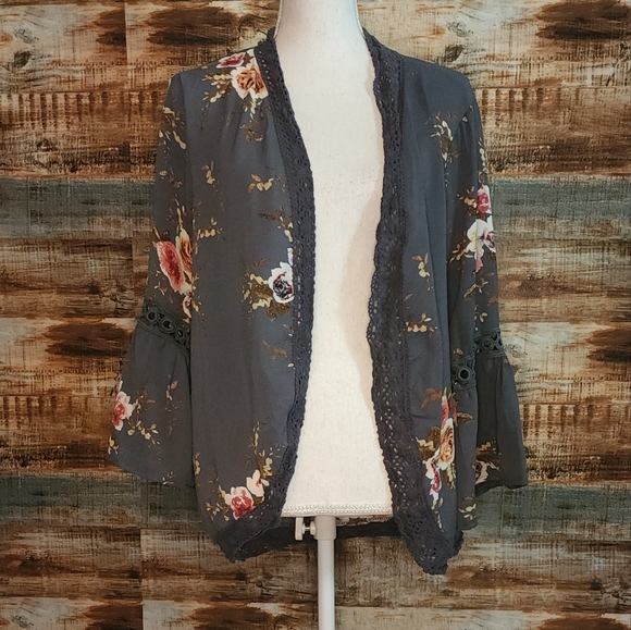 no brand availab Sweaters - Gray cardigan with flowers pink brown black white Large